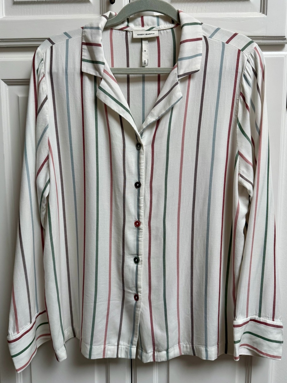 Cozy Earth Woven Long Sleeve Button Down Pajama Top Striped Size Medium
